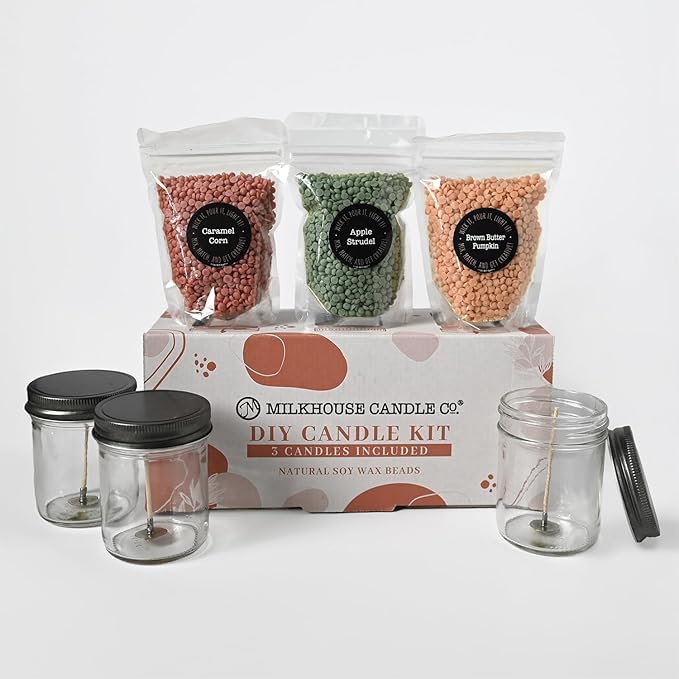Milkhouse Company Candle Fall DIY Candle Kit - Apple Strudel | Brown Butter Pumpkin | Caramel Corn Scented Wax Beads - 3 Bags of Scented Beads & 3 Wicked Jars with Lids, Made in the USA
