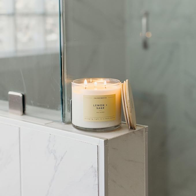 Calyan Wax Co. Lemon & Sage 3 Wick Scented Candle - 43 Hour Burn - Luxury 3 Wick Soy Candles - Non Toxic Soy Wax Candles - Long Lasting Large Glass Jar Candle for Home - 14.9oz