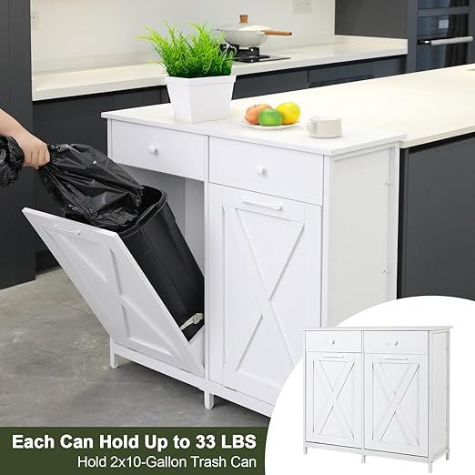 Clevich Double Tilt Out Trash Bin Holder, Wooden Recycling Cabinet w/Drawers & Tabletop, Dog-Proof, NOT Included(White)