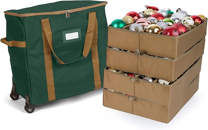 Covermates Keepsakes Rolling Adjustable Ornament Storage Bag – Heavy-Duty Polyester, FlexGrid Trays & Padded Dividers – Protective Holiday Organizer with Wheels, Handles & ID Window, Green
