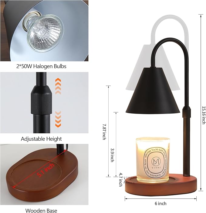 MEIXISUE Black Candle Warmer Lamp with Timer and Dimmer,Mother's Day/Birthday/Christmas Gifts for Mom/Wife,Electric Wax Melt Warmer,Home Decor,Scented Jar Lamp,Adjustable Height,with 2 Bulbs