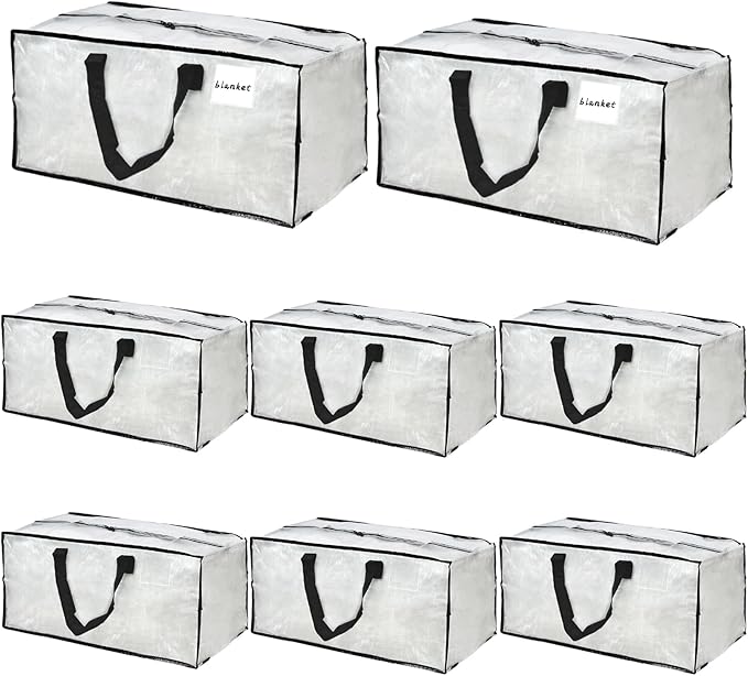 Clear Moving Bags – 8 Pack Large Foldable Storage Bags with Handles and Straps for Clothes, Bedding, and Seasonal Items