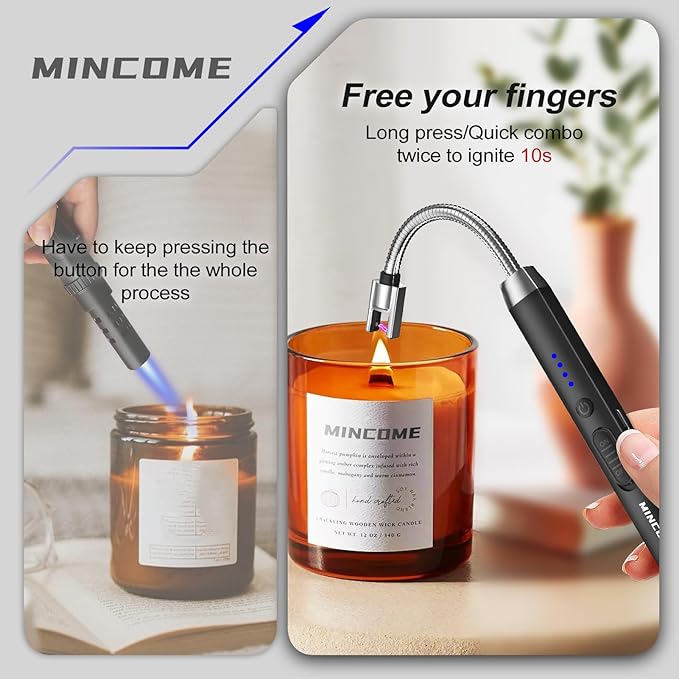 Candle Lighter, Windproof Flameless Electric lighters, Long Lighter with 360° Neck & Safety Switch, USB-C Rechageable Arc Lighters for BBQ & Candle (Black)
