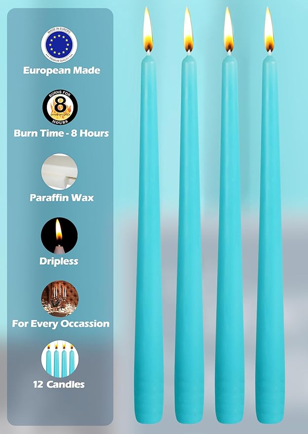 Hyoola Tall Taper Candles - 10 Inch Turquoise Dripless, Unscented Dinner Candle, Paraffin Wax with Cotton Wicks - 8 Hour Burn Time, Blue (Pack of 12)