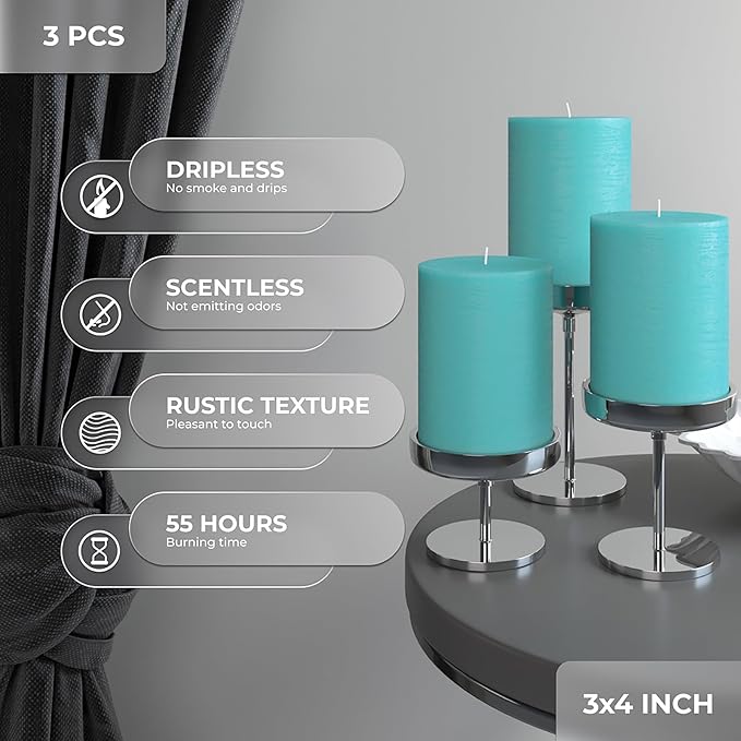 CANDWAX 3x4 inch Pillar Candles Set of 3 – Unscented Dripless Rustic Turquoise Candles for Home Styling, Weddings, Events