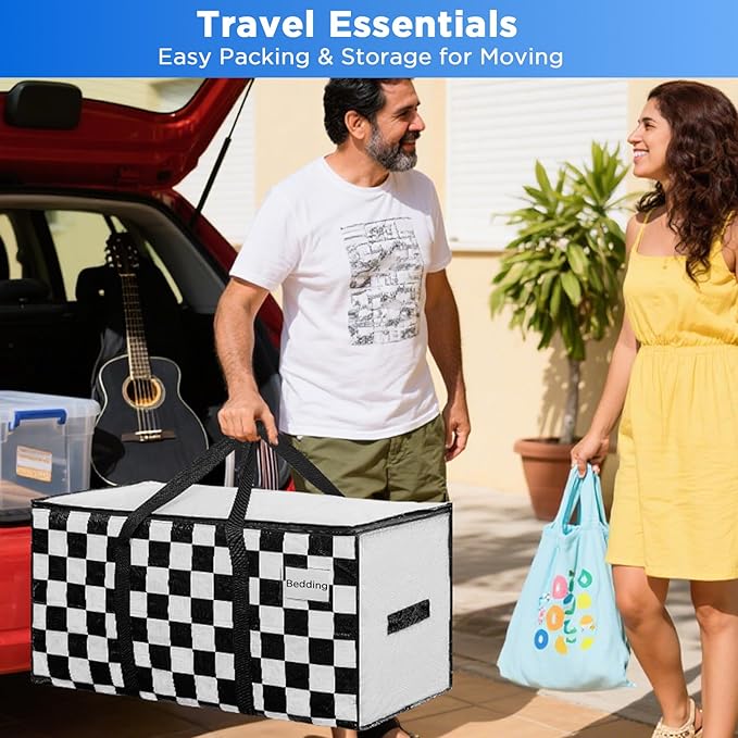 Extra Large Moving Bags Heavy Duty Storage Bags with Zipper Handles, BETU 2 Pack Clothes Storage Totes Bins Packing Moving Boxes, Moving Supplies for College Dorm Essentials, Space Saving,White Plaid