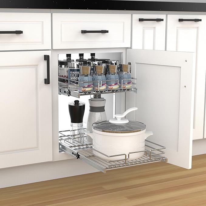 2 Tier Pull Out Cabinet Organizer, 20" W x 21" D Heavy-Duty Metal Sliding Drawer Shelf for Kitchen Cabinets, Chrome, Doesn't Include Door Fittings