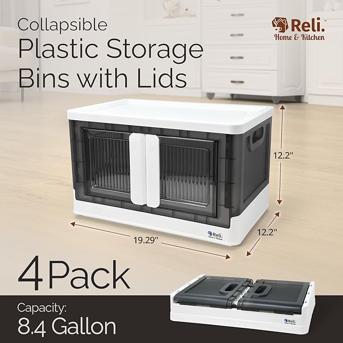 Reli. Storage Bins with Lids and Doors (4 Pack) | 8.4 Gallon Collapsible Storage Bins with Lids | Collapsible Stackable Plastic Cabinet with Built-in Wheels | Heavy Duty Closet Organizers