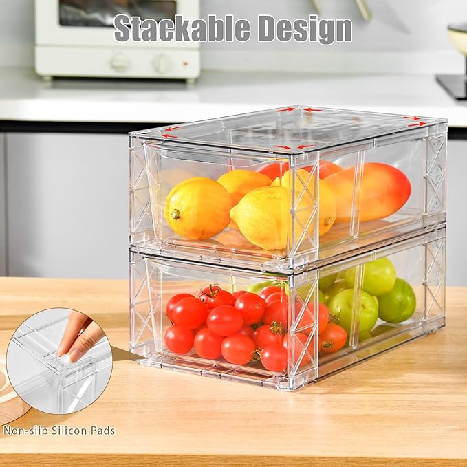 Clemate 8Pack Clear Stackable Kitchen Storage Organizer,Pantry Organizers and Storage,Foods Organizer Bins with Handles, Easily Assemble for Bathroom, Kitchen, Refrigerator, Pantry, Cabinet, Closet