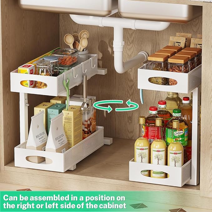 1 Pack Under Sink Organizer and Storage, 2 Tier Pull Out Sliding Cabinet Shelf, 5-Level Height Adjustable Thickened Carbon Steel Storage Rack for Kitchen Bathroom Cabinet, White