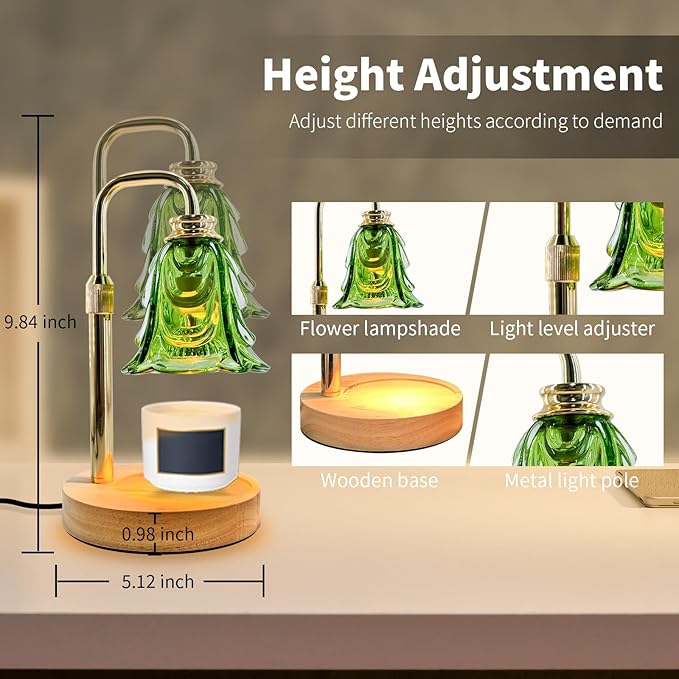 Candle Warmer Lamp with Timer & Dimmer, Adjustable Height Flower Candle Warmer for Jar Candles, Flameless Wax Melter with 2 Bulbs, Home Decor, Christmas, Birthday, Valentine's Gift for Women (Green)