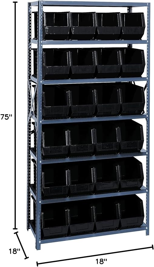 Quantum Storage Systems QSBU-265BK Giant Open Hopper Steel Shelving System, 18" D x 36" W x 75" H, with 7 Shelves and 24 QUS265 Bins, Black