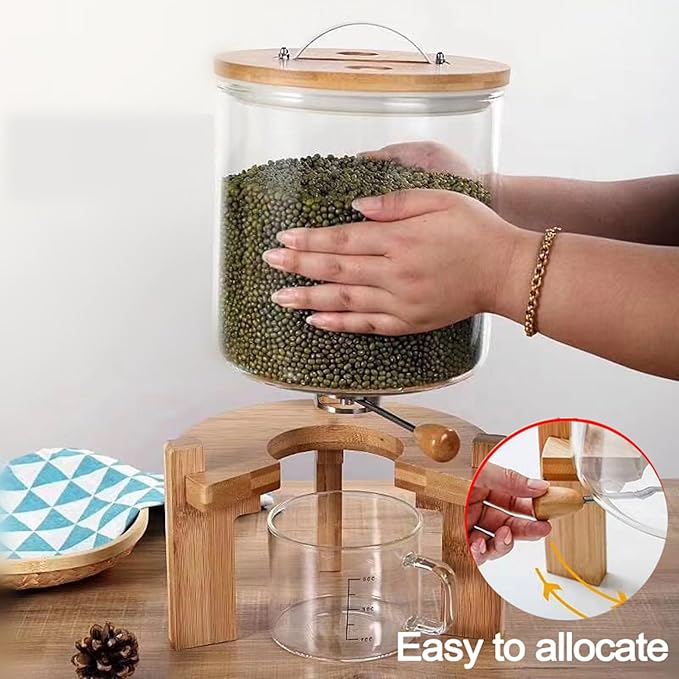 Glass Rice Dispenser 5L, Cereal Dispenser Countertop, Grain Dispenser/Food Storge Container for Kitchen and Pantry Organization, Cereal Dispenser with Bamboo Holder