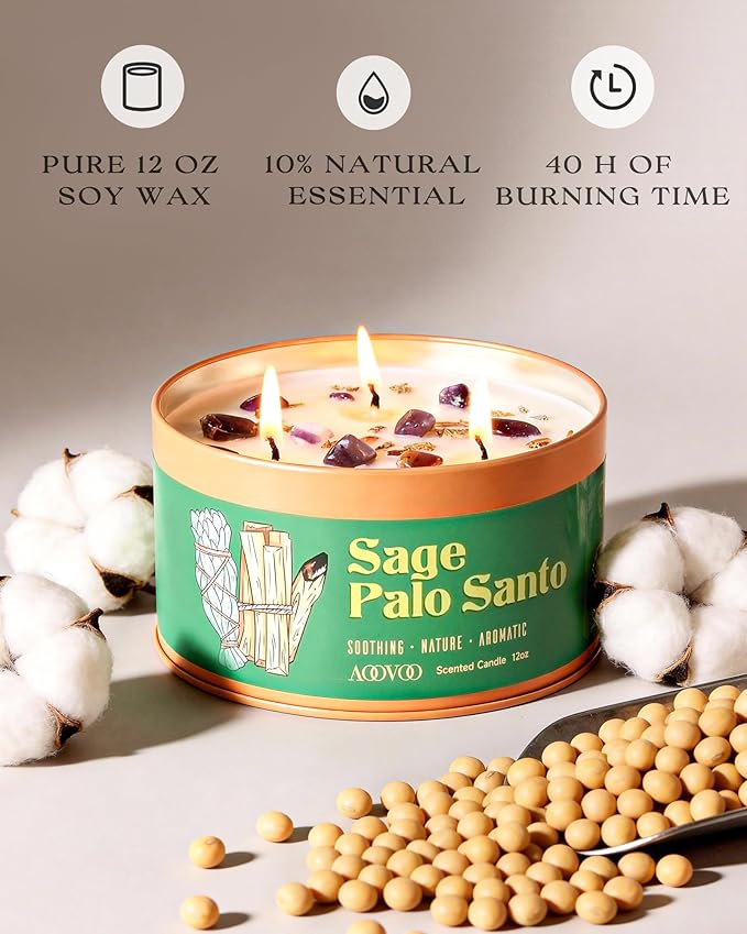 AOOVOO Sage & Palo Santo Candle for Cleansing - 3 Wick 12oz Large Scented Candle with Amethyst Crystals, Sage & Palo Santo Inside, Non-Toxic Soy Candle for Meditation Spiritual Healing Gift