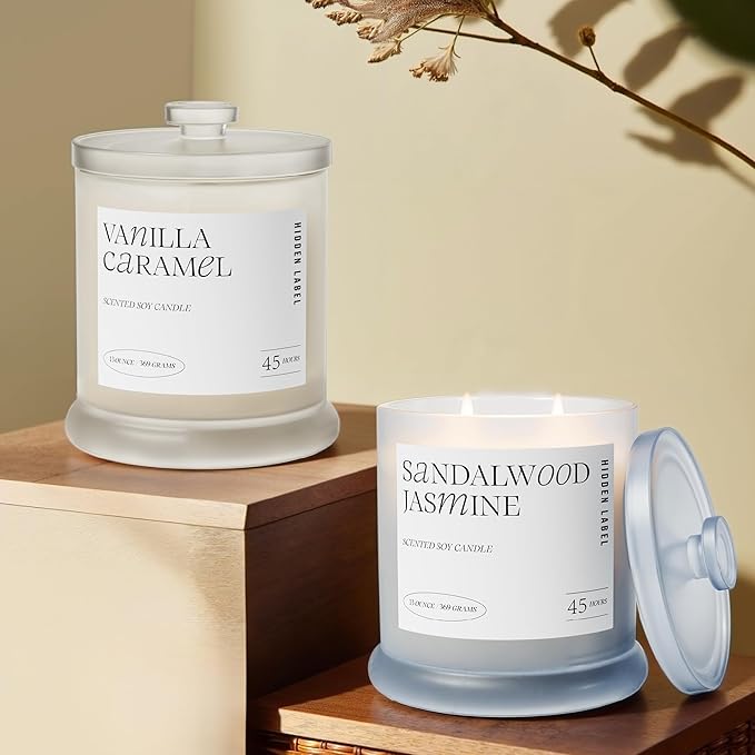Sandalwood Jasmine Scented Candle, 13oz Natura Soy Wax Non Toxic, 2 Wicks Large Candles for Home Scented, 75Hs Long Lasting Clean Burn | Aromatherapy Candle for Home Decor, Stress Relief & Relaxation