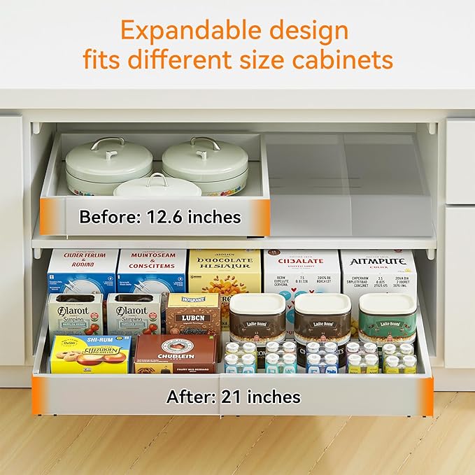 2 Pack 21'' Deep Pull Out Cabinet Organizer Expandable Width (12.6'' to 21'') Slide Out Drawers Pull Out Drawers Fixed with Adhesive Nano Film or Nail for Kitchen Bathroom Organization, White
