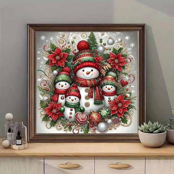 Christmas Diamond Art Kits for Adults, Snowman Family Diamond Painting Kits for Beginners, 5D Full Drill Gem Art Paint with Diamonds Dots Crafts Kits for Home Decor Gift 14x14inch