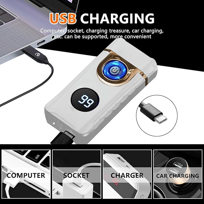 SKRFIRE Plasma Rechargeable Electric Lighter for Candle Arc Type C Electronic Torch Windproof Portable Metal Lighter with LED Power Display for Camping, Hiking, BBQ (Luminous White)