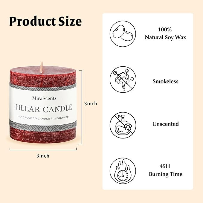 3x3 Inch Burgundy Pillar Candles Set of 3 - Hand-Poured Unscented Candles, Long Clean Burning, Dark Red Pillar Candle, Smokeless Dripless Candle for Dinner Table, Wedding, Home, Rustic Decor