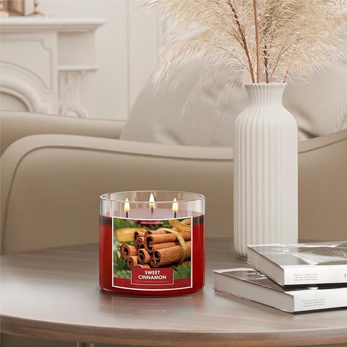 Cinnamon Candles, 14.5oz, Large 3-Wick Soy Wax Candles for Home Scented, Sweet Cinnamon, Apple, Clove Scent, Holiday Gifts for Women, Men, Friend, Teacher, Long Burning Time