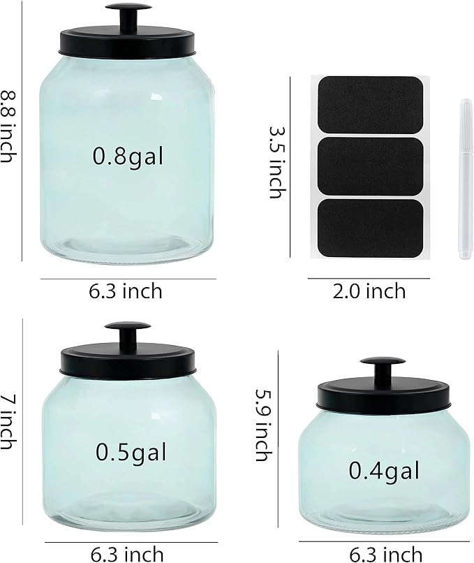 Glass Cookie Jar Food Container with Airtight Metal Lid Set of 3 (Blue)