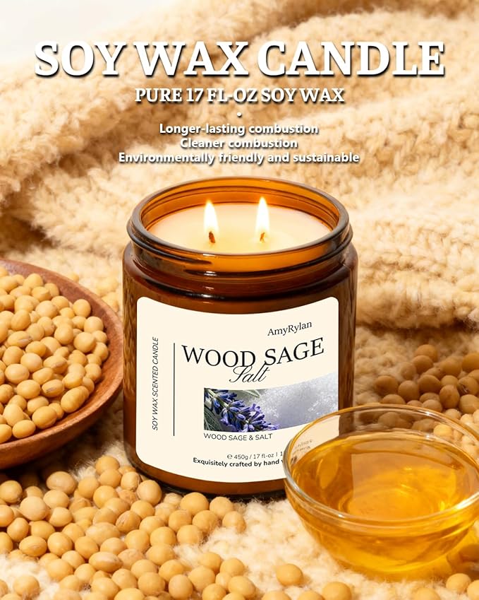 2 Wicks 17oz Large Non-Toxic Soy Wax Scented Candle, Wood Sage & Salt 120 Hours of Burn Time, Long Lasting Candle for Gift, Cost-Effective Candle for Home Fragrance, Aromatherapy