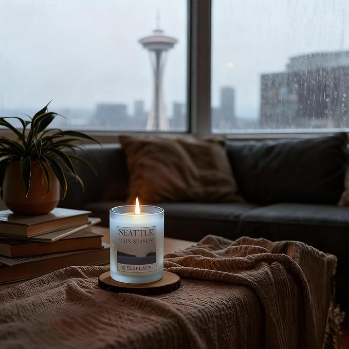 Seattle RAIN Season Scented Candle | 40H Burn Time, 8.8oz Clean-Burning Plant-Based Candle | Tranquil Pacific Northwest Scent | Fall & Holiday Gift for Travel Lovers