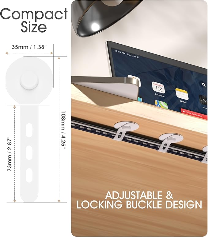 Nearockle Cable Management Under Desk, Adjustable Self-Adhesive Silicone Cable Ties Cord Organizer, Reusable Heavy-Duty Cord Holder Under Table for Office, Home, School (20Pcs-White)