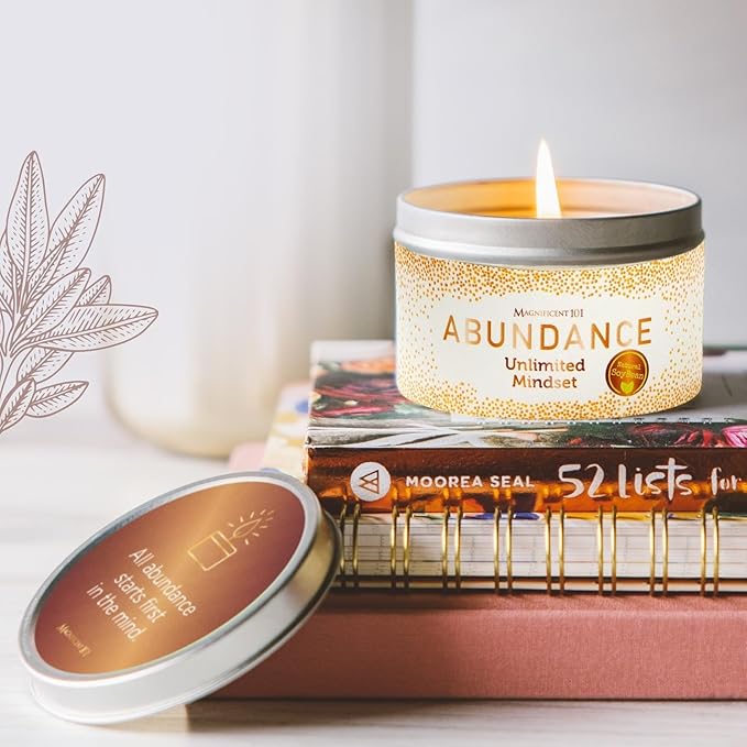 MAGNIFICENT 101 Abundance Manifestation Smudge Candle - 6 Oz Soy Wax - 35-Hour Burn - Infused with Lemon, Rosemary & Sandalwood - Money Candle for Energy Cleansing