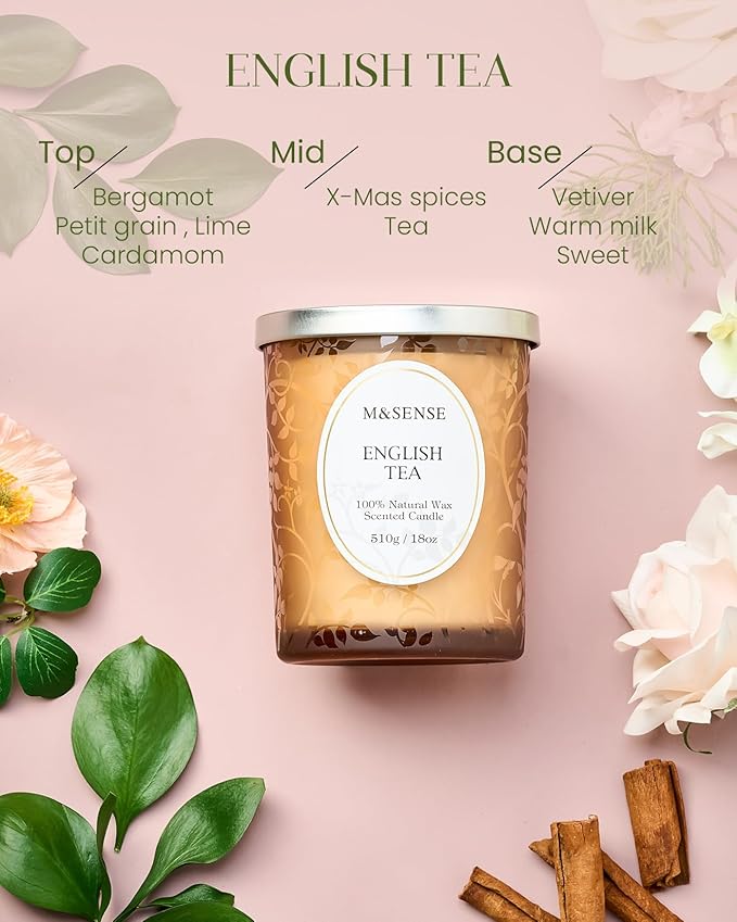 M&SENSE English Tea Soy Candle, Cracking Wooden Wick 18oz 100 Hours Long Lasting Clean Burn, Large Jar Winter Aromatherapy Candle for Home Decor, Non-Toxic Relaxing Gifts for Women