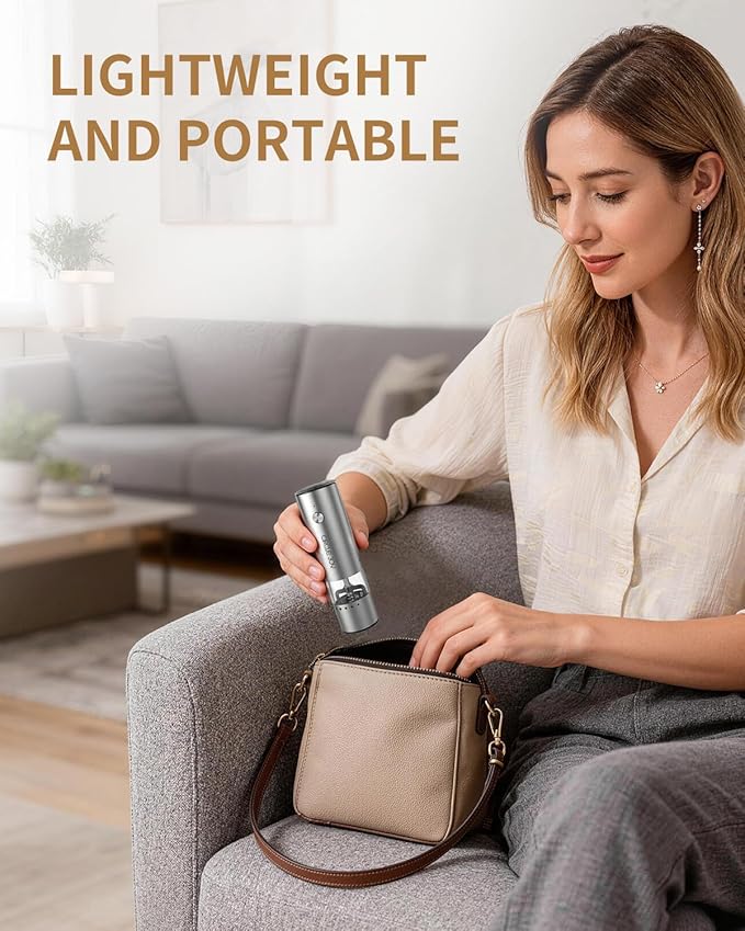 CIRCLE JOY Mini Rechargeable Salt and Pepper Grinder Set with Wooden Base, Dust Cover and External Adjustment, Stainless Steel Electric Pepper Mill Grinders for Kitchen, Outdoors and Travel, Silver