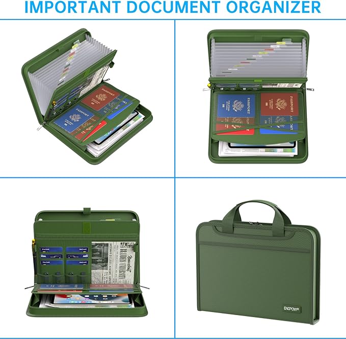 ENGPOW Accordion File Organizer,Fireproof Expanding File Folder with Multi Pockets,13 Pockets Document Organizer with Handle & Labels,Portable Home Travel Safe Storage for Letter A4 Files,Green