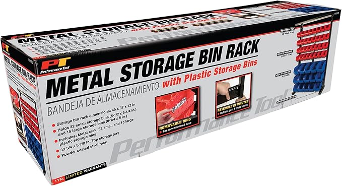 Performance Tool W5193 Half Bulk Bin Storage Rack with 32 Large and Small Bins for Easy Garage Organization of Tools, Parts, Hardware, and More, Red and Blue