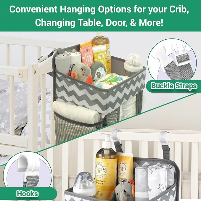 Hanging Diaper Caddy Organizer - Large Nursery Storage for Essential Newborn Baby Items - 2 Compartments, 3 Mesh Pockets - Durable Hooks to Hang on Bassinet, Changing Table, Crib