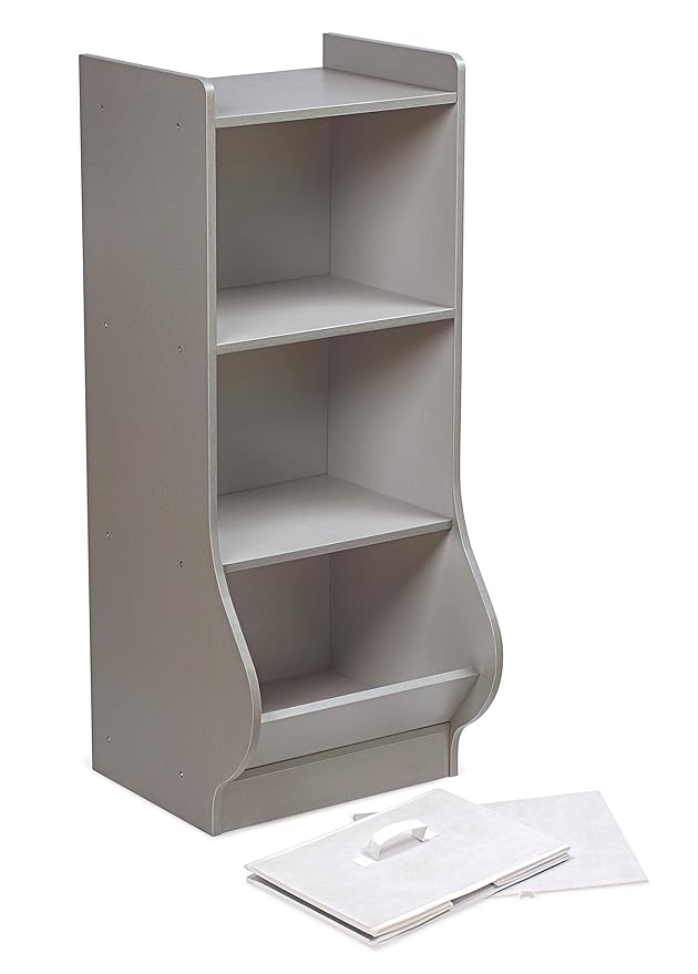 Badger Basket Upright Storage Nook with Reversible Basket - Melamine Surface, 2 Shelves & 1 Angled Bin, Customizable Storage Solution for Kids - Woodgrain Gray