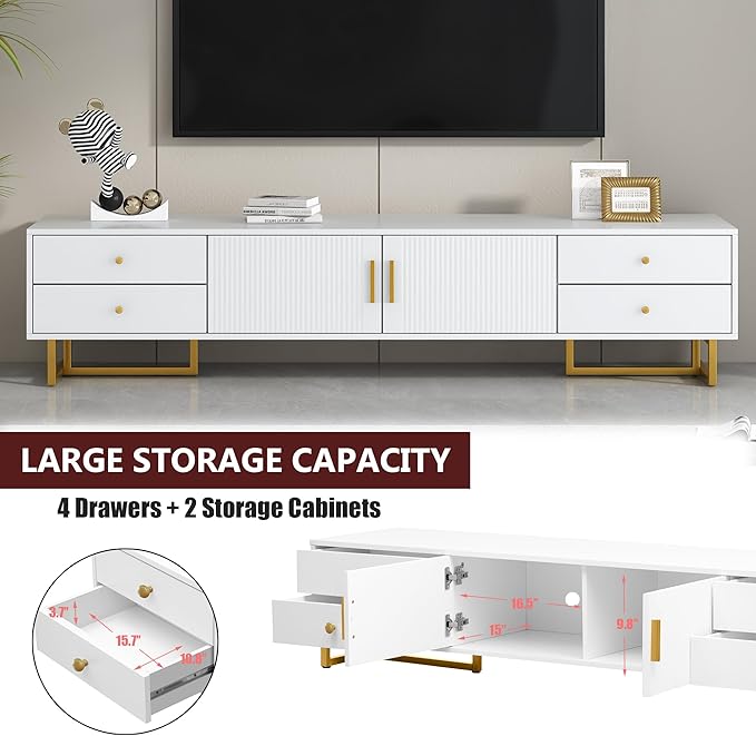 Amposei Modern TV Stand with Drawers for TVs up to 75'', Media Console Storage Cabinet Entertainment Center Furniture for Living Room Bedroom, Gold Metal Legs, 70.9-Inch, White