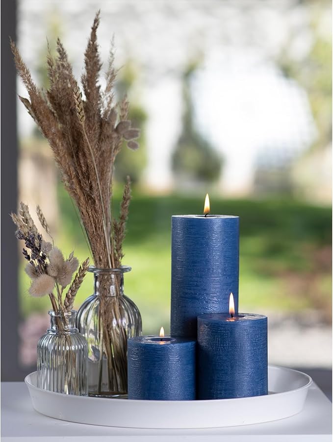 CANDWAX Assorted Pillar Candles Set of 3 – Sizes 3", 4", 8" Unscented Dripless Large Candles, Rustic Style Long Burning for Weddings, Decor – Dark Blue