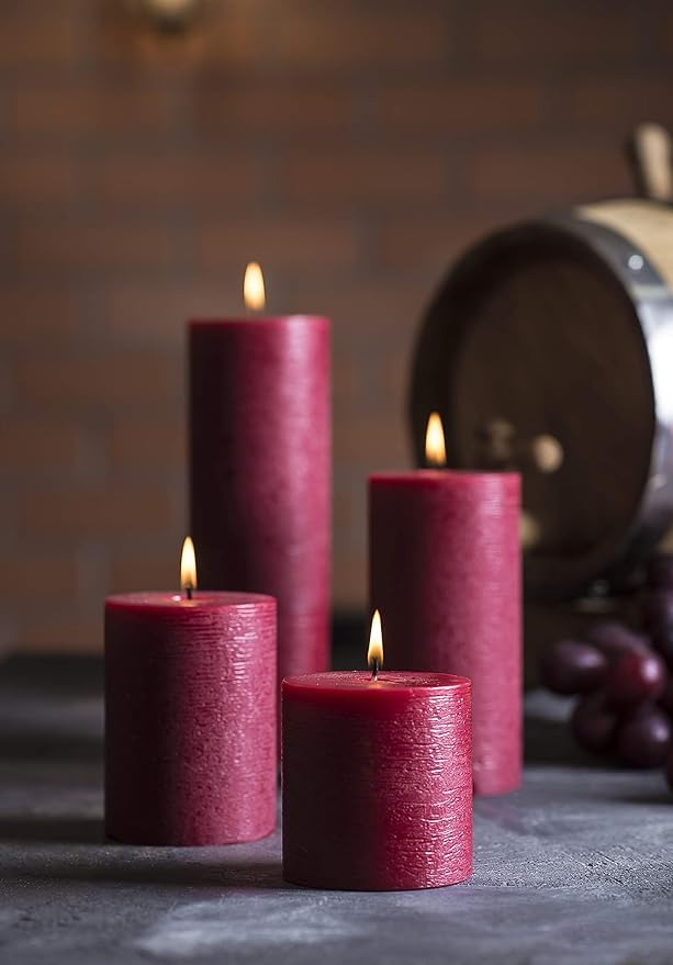Set of 3 Pillar Candles 3" x 6" Unscented Handpoured Weddings, Home Decoration, Restaurants, Spa, Church Smokeless Cotton Wick - Burgundy