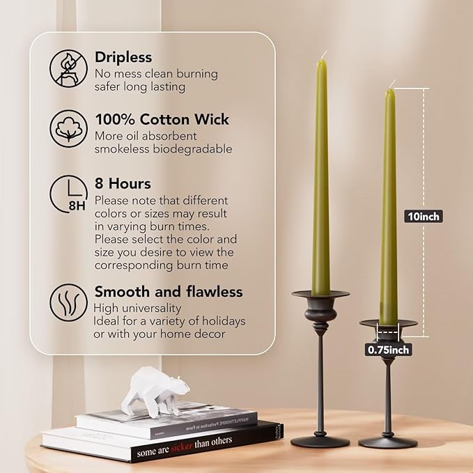 10-Inch Tall Dripless Taper Candles Set of 4 - Olive Green Tapered Candles, Perfect for Halloween - Smokeless, Unscented, Long Burning - Hand Poured, Colored Tall Candlesticks - Oliva