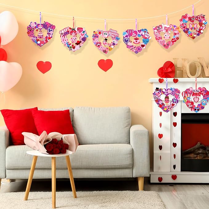 Hollowfly 48 Sets Valentine‘s Day Wreath Craft Kits DIY Wreath Hanging Ornaments Make Your Own Paper Craft with Stickers for Home Party Favors Activities