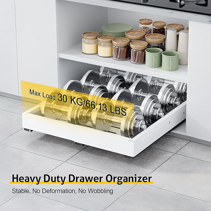 Pull Out Cabinet Organizer, Expandable Width (11.4"-18.9") Depth (16.3"-21.7") Pull out Drawers for Cabinets with 3 Rails, No Drill Adhesive Film or Nail Fixed Slide out Drawers for Kitchen, Pantry
