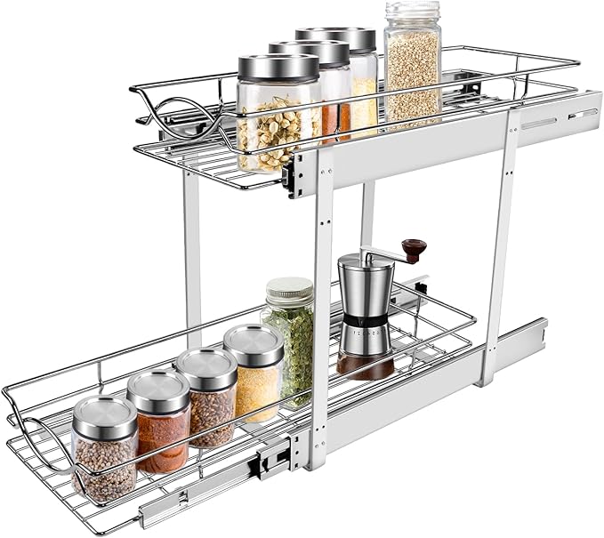 Sikarou Pull Out Cabinet Organizer 9" W x 21" D 2-Tier Individual Slide Out Drawer Pantry Shelf Storage for Kitchen Base Cabinet Organization for Kitchen, Bathroom, Pantry, Chrome