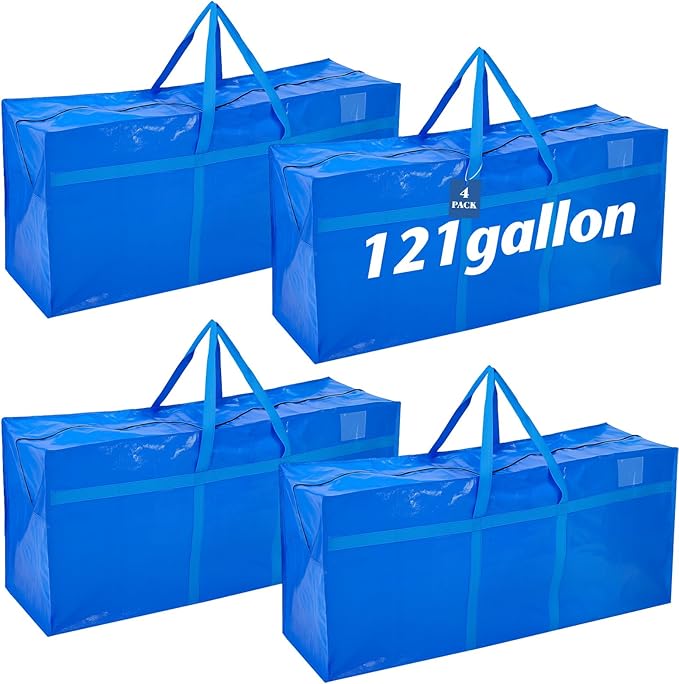Windyun 4 Pack 121 Gallon Extra Large Moving Bags XXL Heavy Duty Storage Bag with Strong Zipper Handle Jumbo Big Tote Box Foldable for College Dorm Travel Clothes Duffle Blanket Pillow(Blue)