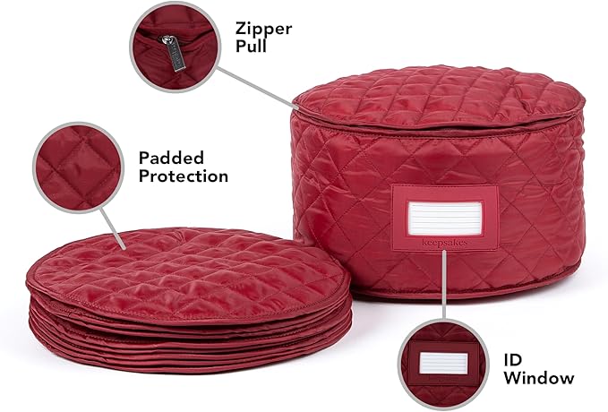 Covermates Keepsakes Dish Storage Case – Padded China & Dinnerware Organizer, Quilted Polyester Protection, ID Window, Zipper Closure, Machine Washable, Red