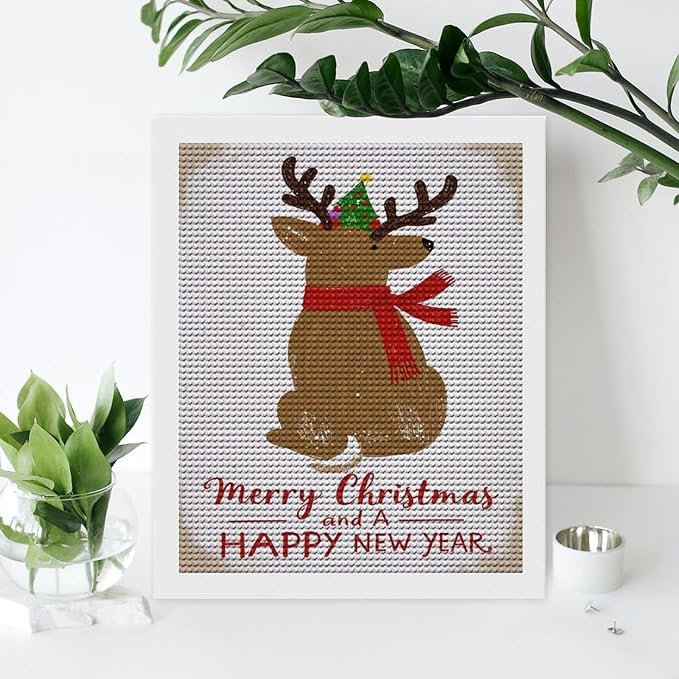 Diamond Painting Kits for Adults - Merry Christmas And Happy New Year Red Antlers & Scarf Painting DIY 5D Full Drill Diamond Dots Paintings with Diamonds Gem Art And Crafts Home Decor 16"x20"