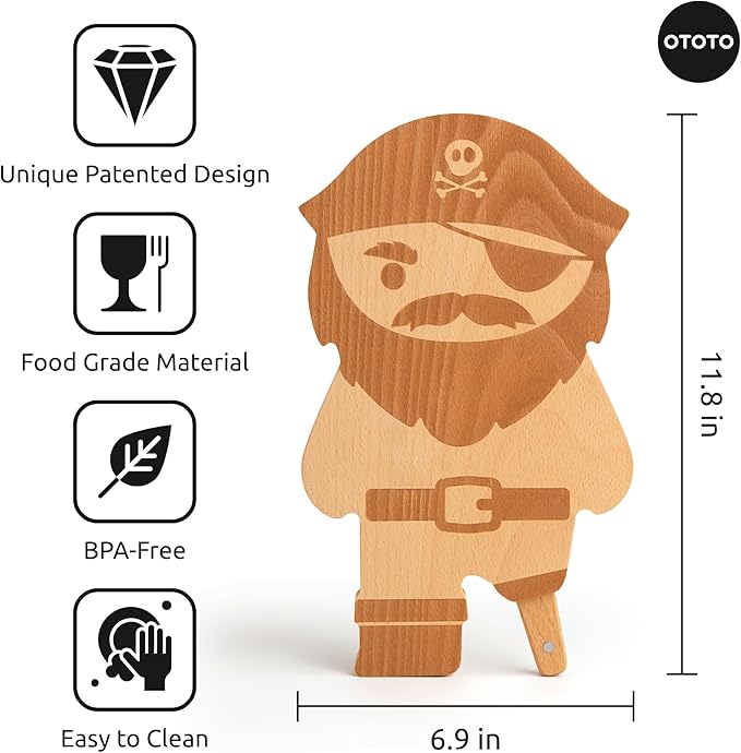 OTOTO Cutting Board Wooden & Plastic Cutting Boards for Kitchen, Fun & Spooky Kitchen Gadgets, Housewarming & Goth Gifts, Dishwasher Safe (Pirate, Wood)