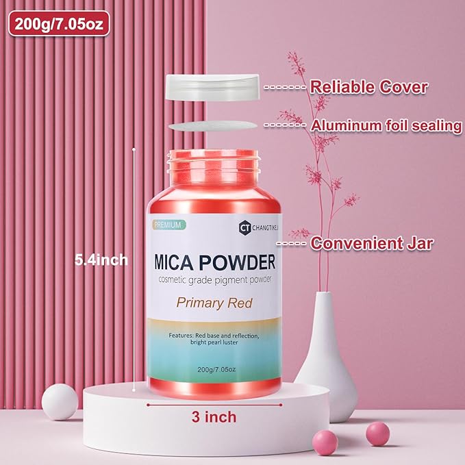 Mica Powder,7.05OZ（200g）,Primary Red Mica Powder Pigment for Epoxy Resin，Lip Gloss，Car Paint，Dye，Soap Making，Nail Polish,Epoxy Resin,Candle Making,Bath Bombs