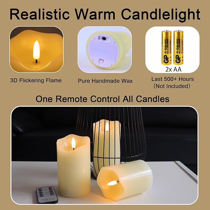 Flickering Flameless Candles, Realistic LED Candles Battery Operated with Remote and Timer, Ivory Real Wax Pillar Candle for Christmas Home Wedding Party Decorations, Set of 3