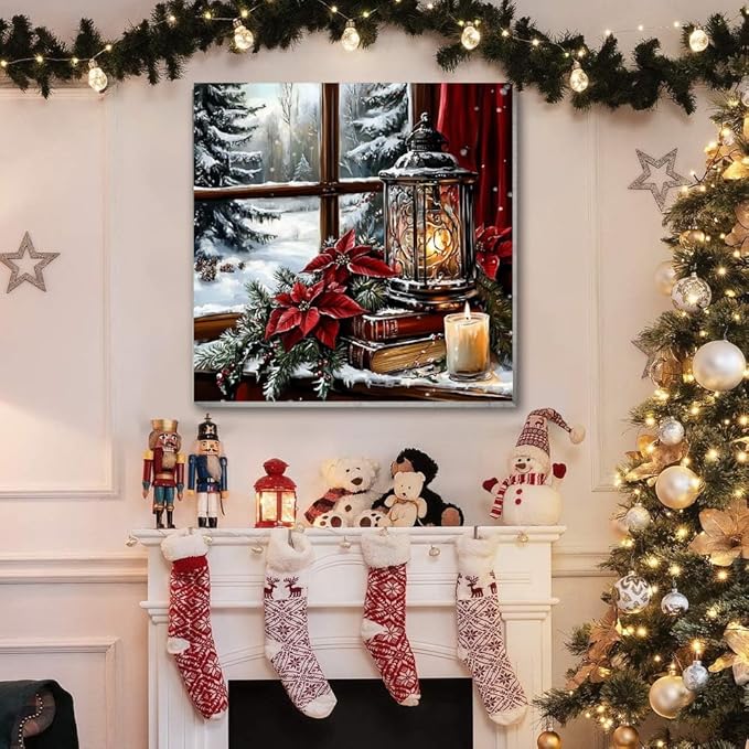 VIGEGU Christmas Paint by Numbers Kit for Adults with Framed,Lantern Candle Paint by Number DIY Adult Paint by Number Kits for Wall Decor 12x12in