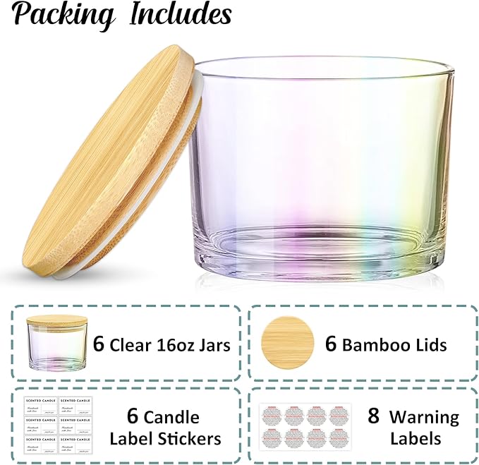 SUPMIND 16oz 3 Wick Candle Jars 6 Pack - Large Empty Iridescent Wide Mouth Glass Candle Making Jars with Bamboo Lids and Stickers and Labels, Bulk Candle Containers for Making Candles